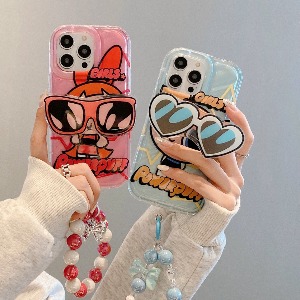 1+1+1) New Jeans Power Puff Girl Phone Case Grip Tok iPhone Case With Strap